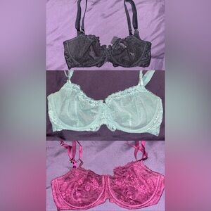 Victoria's Secret Lace Underwire 34DD Bra Trio - Black, Mint, Maroon